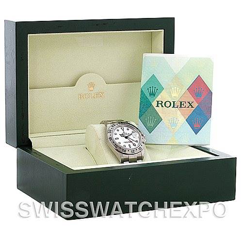The image shows a Rolex Explorer 16570 Men's Stainless Steel White Dial 16570 Men's Stainless Steel White Dial watch in a box with accompanying documentation, viewed from a front angle.