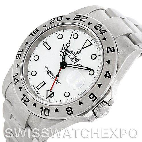 The image shows a Rolex Explorer 16570 Men's Stainless Steel White Dial 16570 Men's Stainless Steel White Dial model watch from a front-side angle, highlighting its dial, bezel, and part of the bracelet.