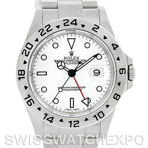 The image shows a front view of a Rolex Explorer 16570 Men's Stainless Steel White Dial 16570 Men's Stainless Steel White Dial watch, highlighting its white dial, bezel with 24-hour markings, and stainless steel bracelet.