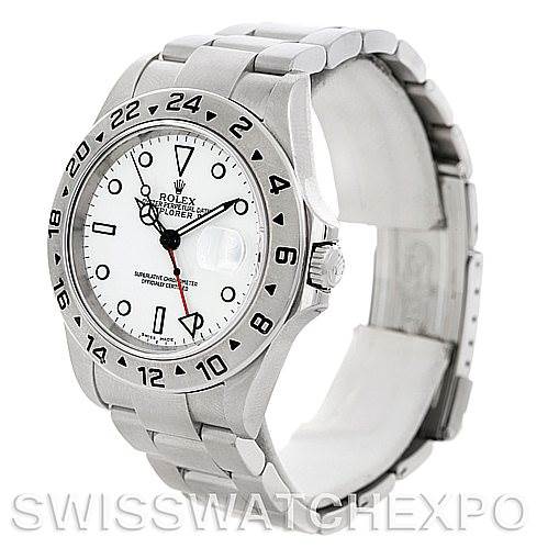 This image shows a side angle of a Rolex Explorer 16570 Men's Stainless Steel White Dial 16570 Men's Stainless Steel White Dial watch, highlighting the bezel, bracelet, and crown.