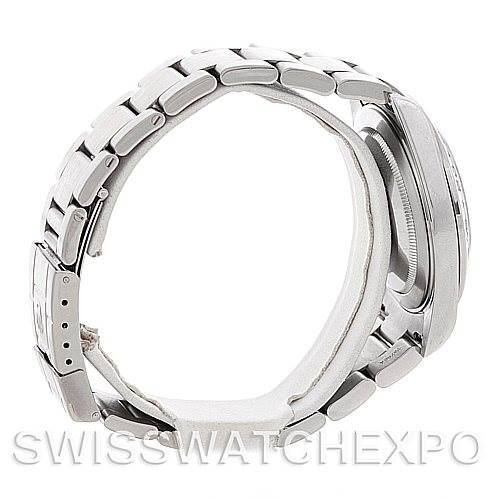 The image shows a side view of a Rolex Explorer 16570 Men's Stainless Steel White Dial 16570 Men's Stainless Steel White Dial watch, focusing on its bracelet, clasp, and case.