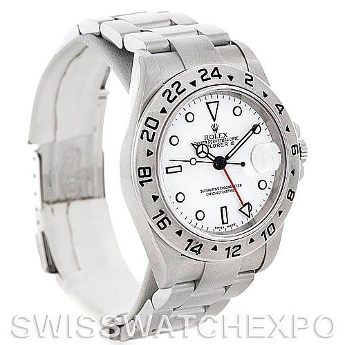 The Rolex Explorer 16570 Men's Stainless Steel White Dial 16570 Men's Stainless Steel White Dial watch is photographed at a three-quarter angle, highlighting the white dial, bezel, and stainless steel bracelet.