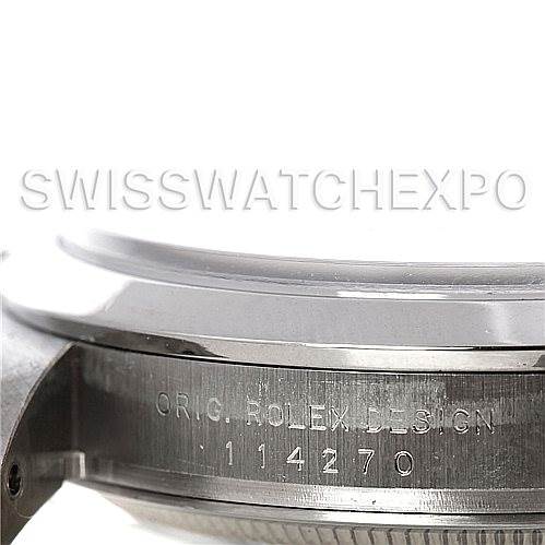 This image shows a side view of the Rolex Explorer 114270 Men's Stainless Steel Black Dial 114270 Men's Stainless Steel Black Dial model, focusing on the engraving of the model number and original design details on the case.
