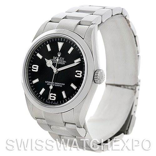 This image shows a Rolex Explorer 114270 Men's Stainless Steel Black Dial 114270 Men's Stainless Steel Black Dial watch at a slight side angle, displaying the face, bezel, crown, and part of the bracelet.