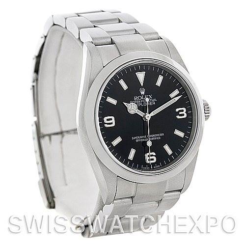 The image shows a side-angle view of the Rolex Explorer 114270 Men's Stainless Steel Black Dial 114270 Men's Stainless Steel Black Dial, highlighting its black dial, silver bracelet, and case.