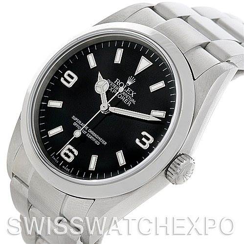 The image shows a Rolex Explorer 114270 Men's Stainless Steel Black Dial 114270 Men's Stainless Steel Black Dial watch at a slight side angle, focusing on the dial, bezel, and part of the bracelet.