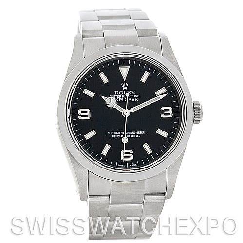 The image shows a front view of the Rolex Explorer 114270 Men's Stainless Steel Black Dial 114270 Men's Stainless Steel Black Dial model, displaying its black dial, hands, indexes, and stainless steel bracelet.