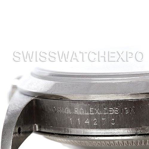 The image shows a close-up side view of the Rolex Explorer 114270 Men's Stainless Steel Black Dial 114270 Men's Stainless Steel Black Dial watch case, highlighting the model number and "ORIG. ROLEX DESIGN" engraving.
