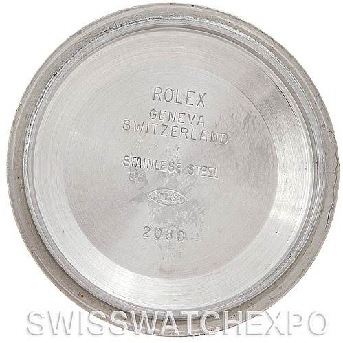 The image shows the inside of the case back of a Rolex Explorer 114270 Men's Stainless Steel Black Dial 114270 Men's Stainless Steel Black Dial watch, showcasing its branding and material details.