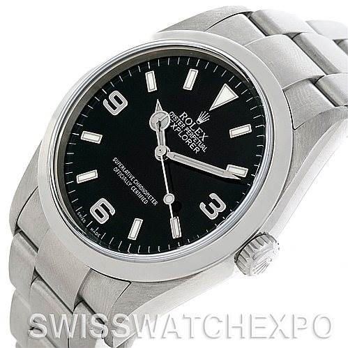 This image shows a Rolex Explorer 114270 Men's Stainless Steel Black Dial 114270 Men's Stainless Steel Black Dial watch at a slight angle, highlighting the face, bezel, and bracelet.