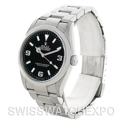 This image shows a side angle view of the face and bracelet of a Rolex Explorer 114270 Men's Stainless Steel Black Dial 114270 Men's Stainless Steel Black Dial watch.