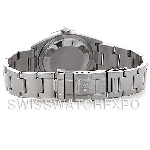 This is a rear view of the Rolex Explorer 114270 Men's Stainless Steel Black Dial 114270 Men's Stainless Steel Black Dial, displaying the closed bracelet with the clasp and the case back.