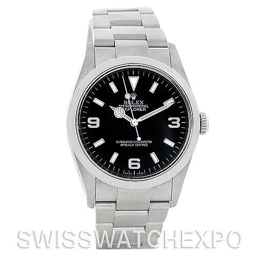 The image shows a front view of the Rolex Explorer 114270 Men's Stainless Steel Black Dial 114270 Men's Stainless Steel Black Dial watch, highlighting its black dial, silver bezel, and stainless steel bracelet.