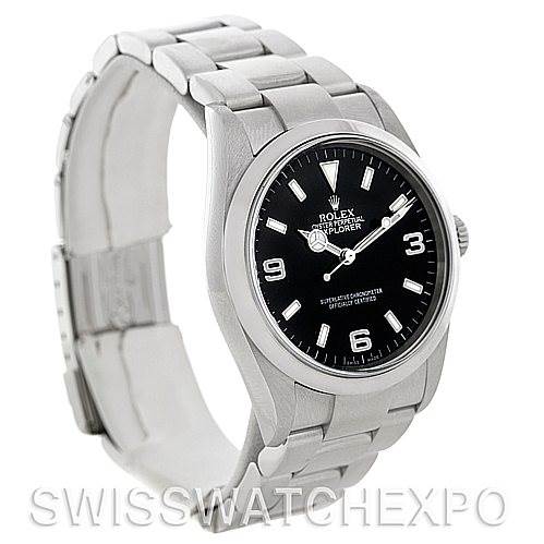 The image shows a front-angle view of a Rolex Explorer 114270 Men's Stainless Steel Black Dial 114270 Men's Stainless Steel Black Dial watch, highlighting the dial, bezel, and bracelet.