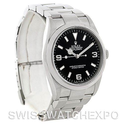 This image shows a side angle view of a Rolex Explorer watch, highlighting its black dial, stainless steel case, and bracelet.