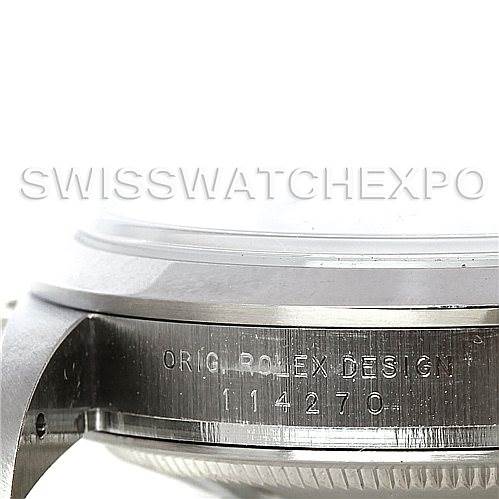 This image shows a side view of the Rolex Explorer 114270 Men's Stainless Steel Black Dial 114270 Men's Stainless Steel Black Dial watch case, highlighting the engraved model number 114270.