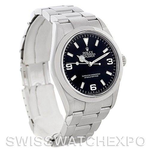 The image shows a front and slightly angled view of the Rolex Explorer 114270 Men's Stainless Steel Black Dial 114270 Men's Stainless Steel Black Dial watch, highlighting the face, bezel, and bracelet.