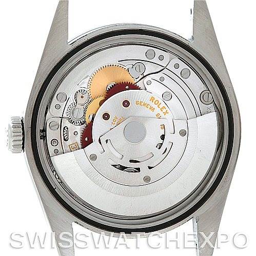 This image shows a back view of the Rolex Explorer 114270 Men's Stainless Steel Black Dial 114270 Men's Stainless Steel Black Dial model, revealing its intricate movement and mechanical components.