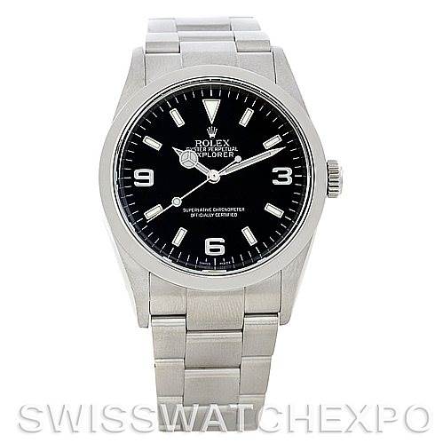 The image shows a front view of a Rolex Explorer 114270 Men's Stainless Steel Black Dial 114270 Men's Stainless Steel Black Dial watch, displaying its black dial, silver bezel, and metal bracelet.