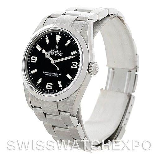 The Rolex Explorer 114270 Men's Stainless Steel Black Dial 114270 Men's Stainless Steel Black Dial watch is shown at a three-quarter angle, displaying the face, bezel, crown, and bracelet.