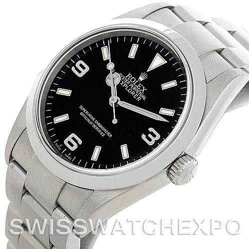 This image shows a front-side view of the Rolex Explorer 114270 Men's Stainless Steel Black Dial 114270 Men's Stainless Steel Black Dial watch, highlighting the black dial, silver-tone hour markers, and metal bracelet.