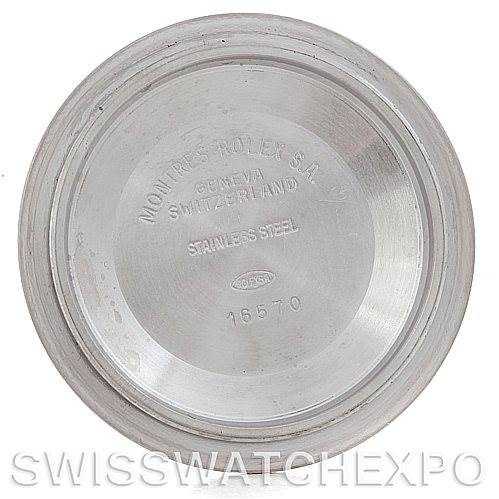 This image shows the case back interior of a Rolex Explorer 16570 Men's Stainless Steel Black Dial 16570 Men's Stainless Steel Black Dial model, emphasizing the engraved details.