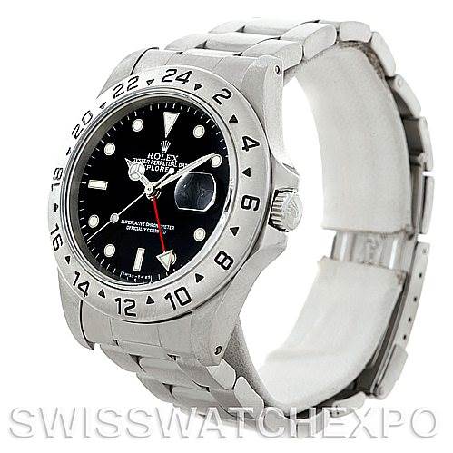 The image shows a Rolex Explorer 16570 Men's Stainless Steel Black Dial 16570 Men's Stainless Steel Black Dial model watch at a three-quarter angle, displaying the face, bezel, crown, and part of the bracelet.