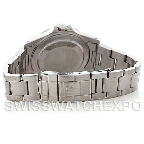 This image shows the back and bracelet clasp of a Rolex Explorer 16570 Men's Stainless Steel Black Dial 16570 Men's Stainless Steel Black Dial watch, facing downward.