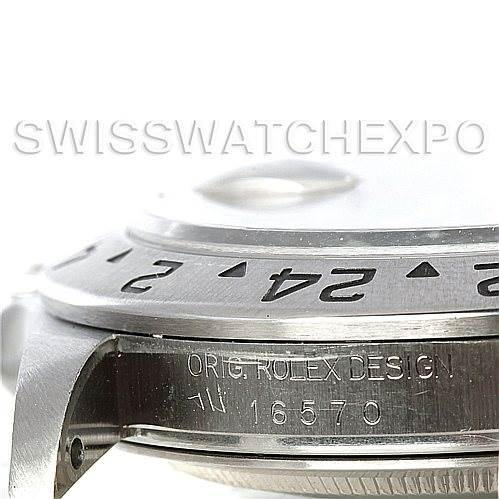 The image shows a close-up side profile of the bezel and case, highlighting the model number of the Rolex Explorer 16570 Men's Stainless Steel Black Dial 16570 Men's Stainless Steel Black Dial watch.