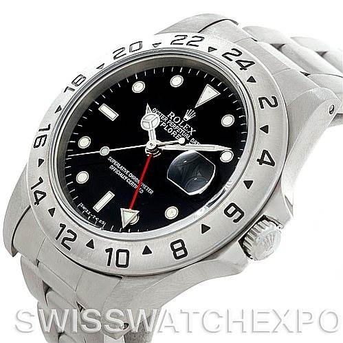 The image shows a Rolex Explorer 16570 Men's Stainless Steel Black Dial 16570 Men's Stainless Steel Black Dial watch from a front angle, highlighting its bezel, dial, crown, and part of the bracelet.