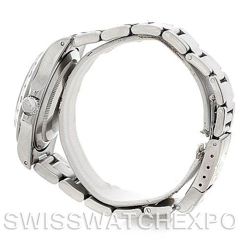 The image shows a side view of the Rolex Explorer 16570 Men's Stainless Steel Black Dial 16570 Men's Stainless Steel Black Dial watch, highlighting the bracelet, crown, and case.