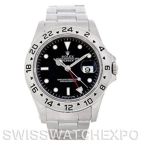 The image shows a front view of a Rolex Explorer 16570 Men's Stainless Steel Black Dial 16570 Men's Stainless Steel Black Dial watch, displaying its face, bezel, and bracelet.
