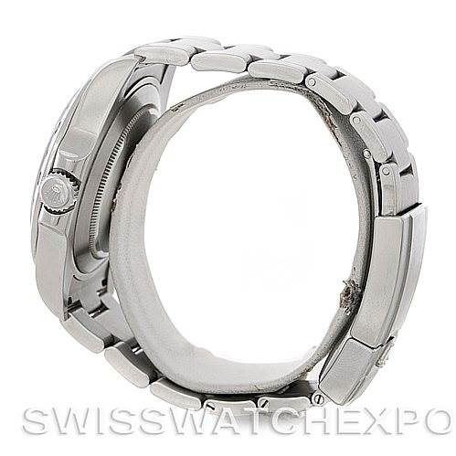 The image shows a side angle view of the Rolex Explorer 216570 Men's Stainless Steel Black Dial 216570 Men's Stainless Steel Black Dial watch, highlighting its case, crown, and bracelet.