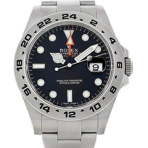 The image shows a front angle of the Rolex Explorer 216570 Men's Stainless Steel Black Dial 216570 Men's Stainless Steel Black Dial watch, highlighting its face, bezel, and bracelet.