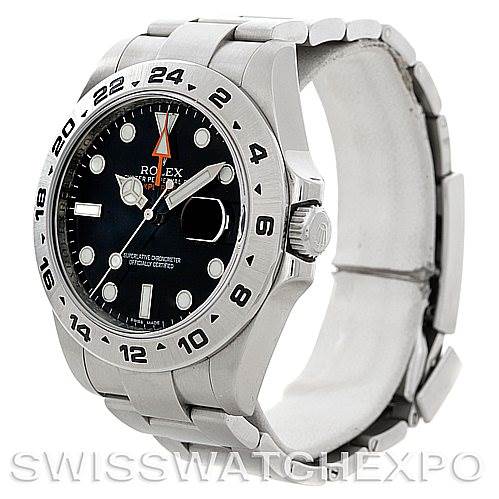 This Rolex Explorer 216570 Men's Stainless Steel Black Dial 216570 Men's Stainless Steel Black Dial model is shown from a three-quarter angle, featuring the bezel, crown, and portion of the bracelet.