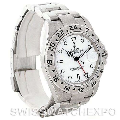 The image shows a Rolex Explorer 16570 Men's Stainless Steel White Dial 16570 Men's Stainless Steel White Dial model watch at a side angle, highlighting the bezel, dial, and bracelet.