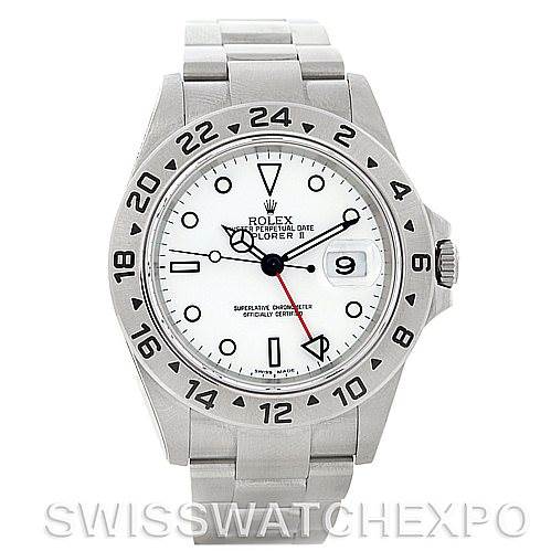 The image shows a front view of the Rolex Explorer 16570 Men's Stainless Steel White Dial 16570 Men's Stainless Steel White Dial watch, highlighting the dial, bezel, and bracelet.