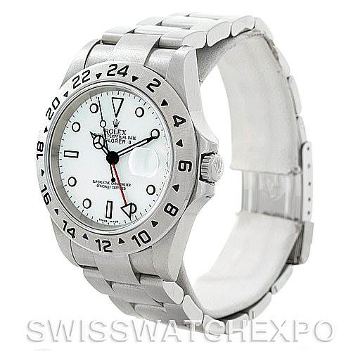 This image shows a side view of a Rolex Explorer 16570 Men's Stainless Steel White Dial 16570 Men's Stainless Steel White Dial watch, highlighting the bezel, dial, and bracelet.