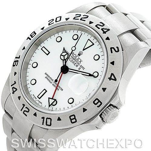 The image shows a close-up angle of the Rolex Explorer 16570 Men's Stainless Steel White Dial 16570 Men's Stainless Steel White Dial watch, focusing on the face, bezel, and part of the bracelet.