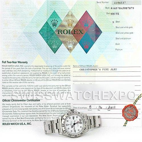 This image shows a Rolex Explorer 16570 Men's Stainless Steel White Dial 16570 Men's Stainless Steel White Dial watch along with its warranty papers and official chronometer certification documents.