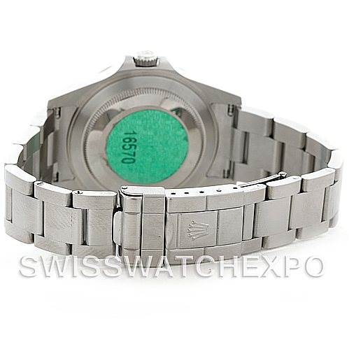 The image shows the Rolex Explorer 16570 Men's Stainless Steel White Dial 16570 Men's Stainless Steel White Dial watch from a rear angle, focusing on the case back and the stainless steel bracelet.