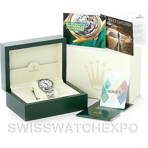 This image shows a Rolex Explorer 16570 Men's Stainless Steel White Dial 16570 Men's Stainless Steel White Dial watch in its box, accompanied by cards, booklets, and packaging accessories from a front-angle view.