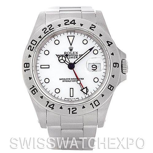 This image shows a front view of the Rolex Explorer 16570 Men's Stainless Steel White Dial 16570 Men's Stainless Steel White Dial watch, highlighting its face, hands, bezel, crown, and bracelet.