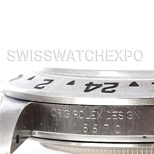 The image shows a close-up of the bezel and case side of a Rolex Explorer 16570 Men's Stainless Steel White Dial 16570 Men's Stainless Steel White Dial watch, model number 16570.
