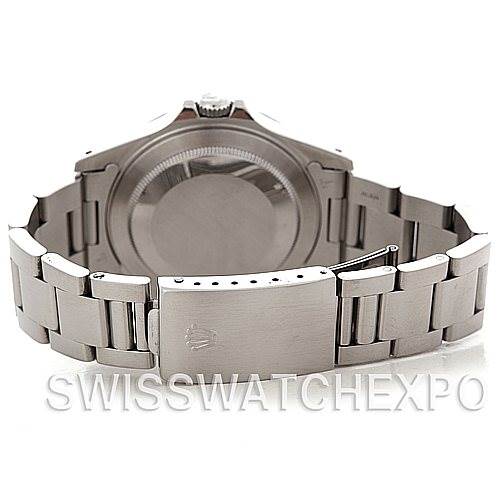 The image shows the back view of a Rolex Explorer 16570 Men's Stainless Steel White Dial 16570 Men's Stainless Steel White Dial watch, highlighting the case back and the stainless steel bracelet with the clasp.