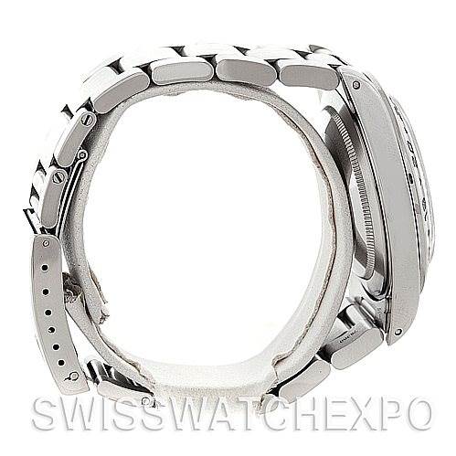 This image shows a side view of a Rolex Explorer 16570 Men's Stainless Steel White Dial 16570 Men's Stainless Steel White Dial watch, highlighting the bracelet and clasp.