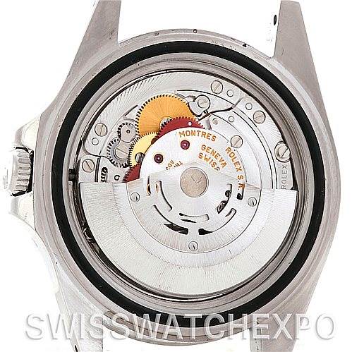 The image shows the back view of a Rolex Explorer 16570 Men's Stainless Steel White Dial 16570 Men's Stainless Steel White Dial model, highlighting the internal mechanical movement components.