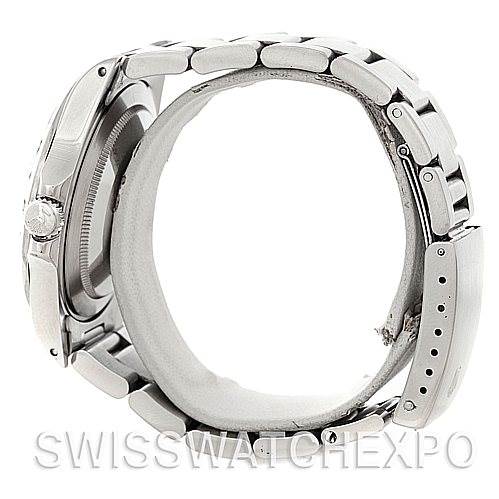 Side view of a Rolex Explorer 16570 Men's Stainless Steel White Dial 16570 Men's Stainless Steel White Dial watch, showing the bracelet, clasp, case, and crown.