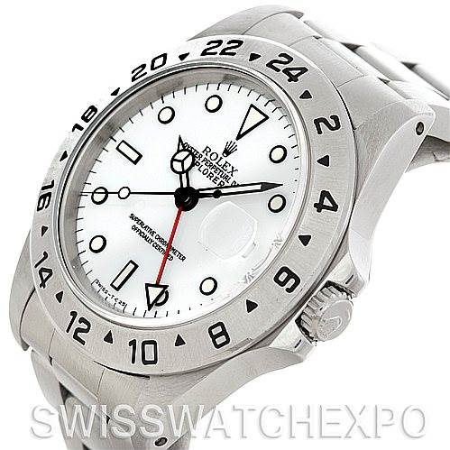 The image shows a Rolex Explorer 16570 Men's Stainless Steel White Dial 16570 Men's Stainless Steel White Dial watch from a three-quarter angle, highlighting the bezel, dial, crown, and bracelet.