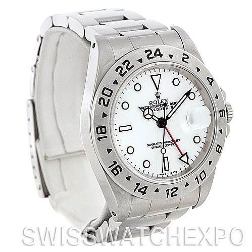 The Rolex Explorer 16570 Men's Stainless Steel White Dial 16570 Men's Stainless Steel White Dial watch is shown at a three-quarter angle, displaying its face, bezel, crown, and metal bracelet.